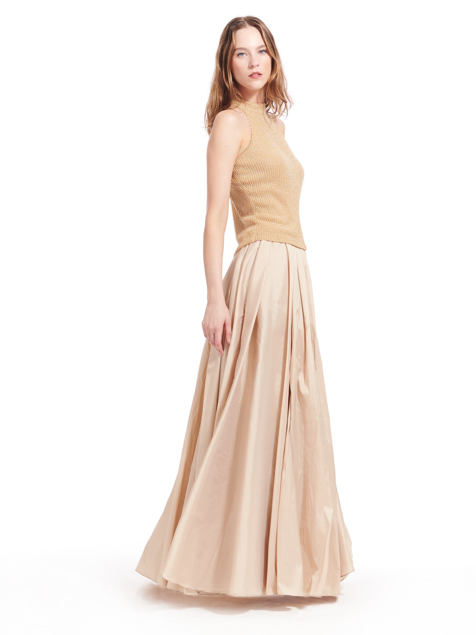 CHAMPAGNE PEARL ENCRUSTED SLEEVELESS MOCK NECK