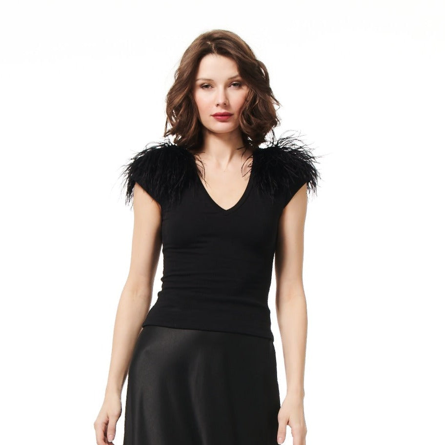 FEATHER SHOULDER LUXE JERSEY TOP - BLACK