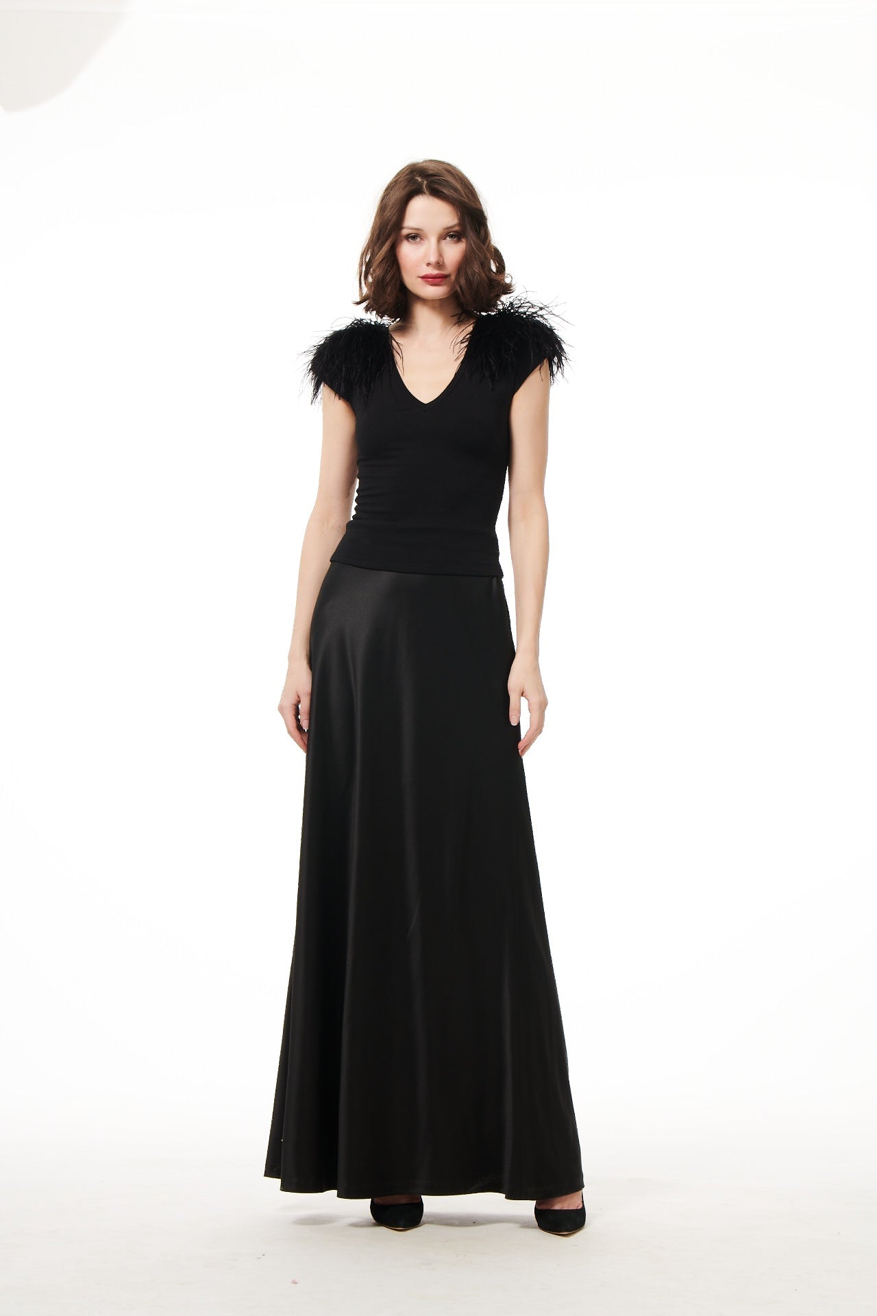 FEATHER SHOULDER LUXE JERSEY TOP - BLACK