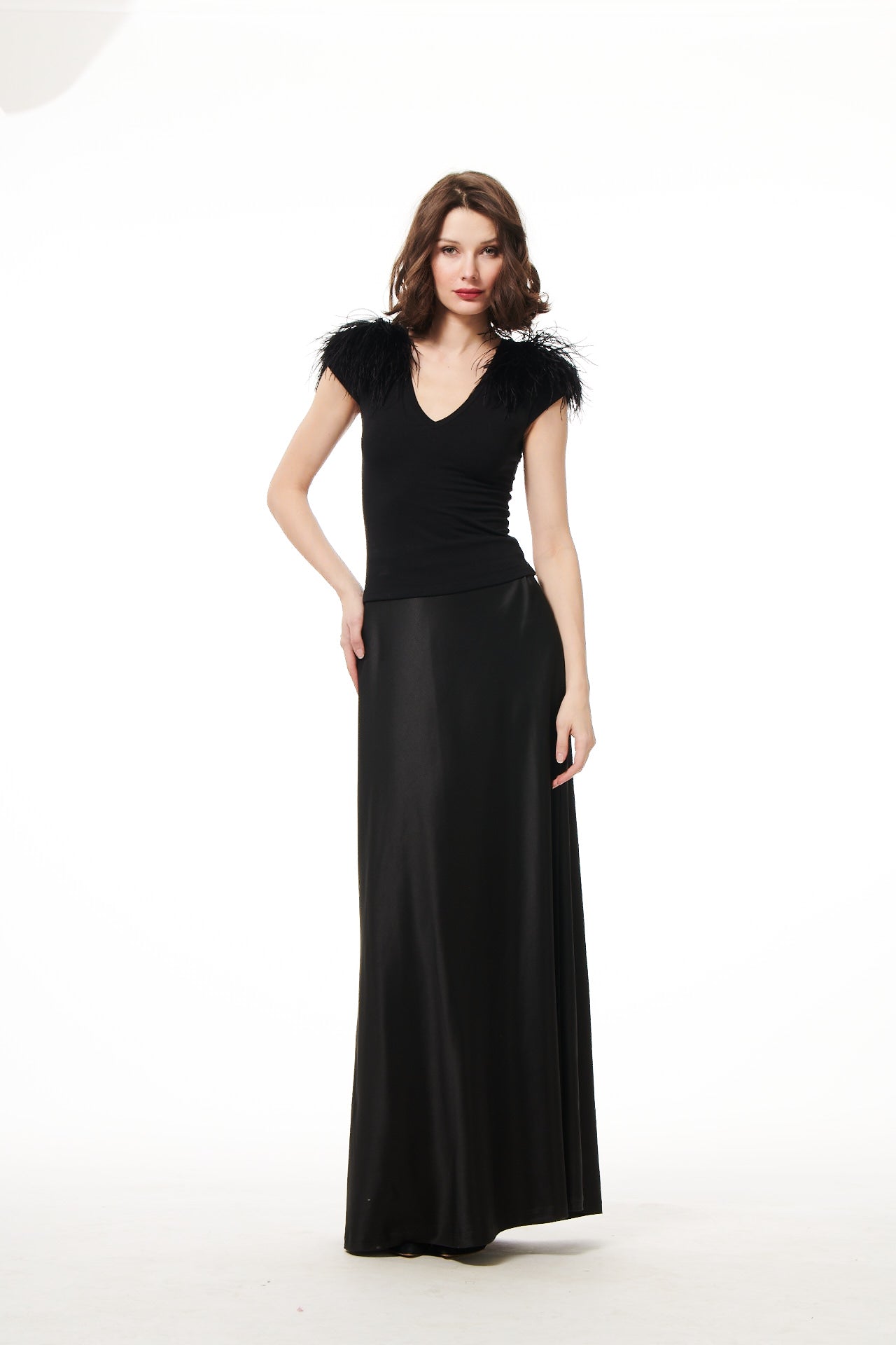 FEATHER SHOULDER LUXE JERSEY TOP - BLACK
