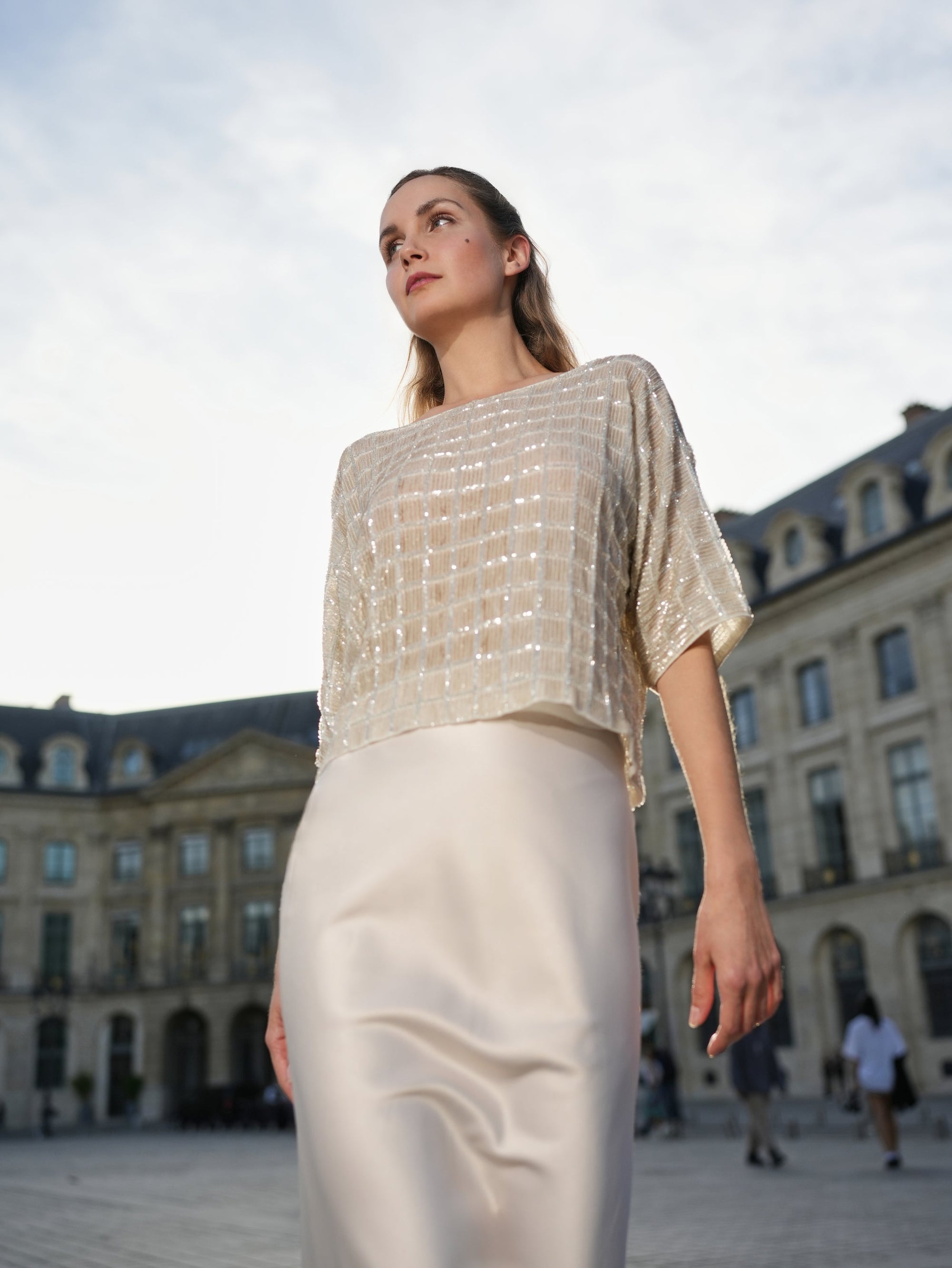 WINDOWPANE DOLMAN BEADED TOP