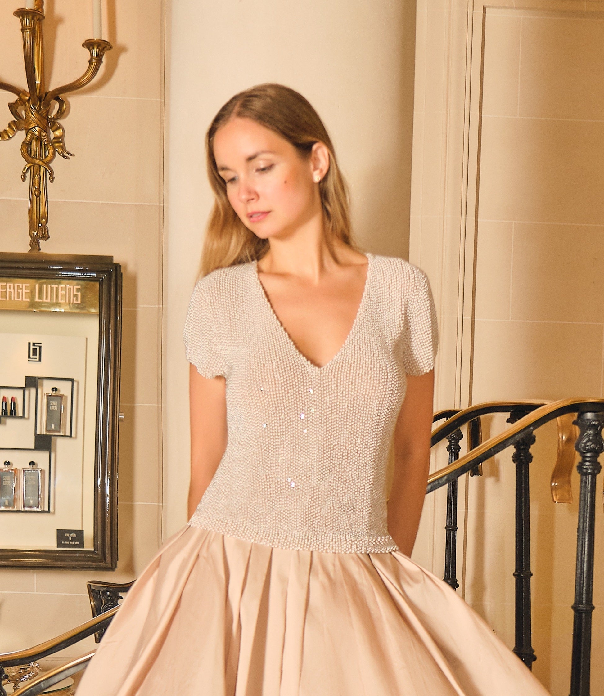 STRETCH PEARL BEADED V-NECK TOP IVORY PEARL
