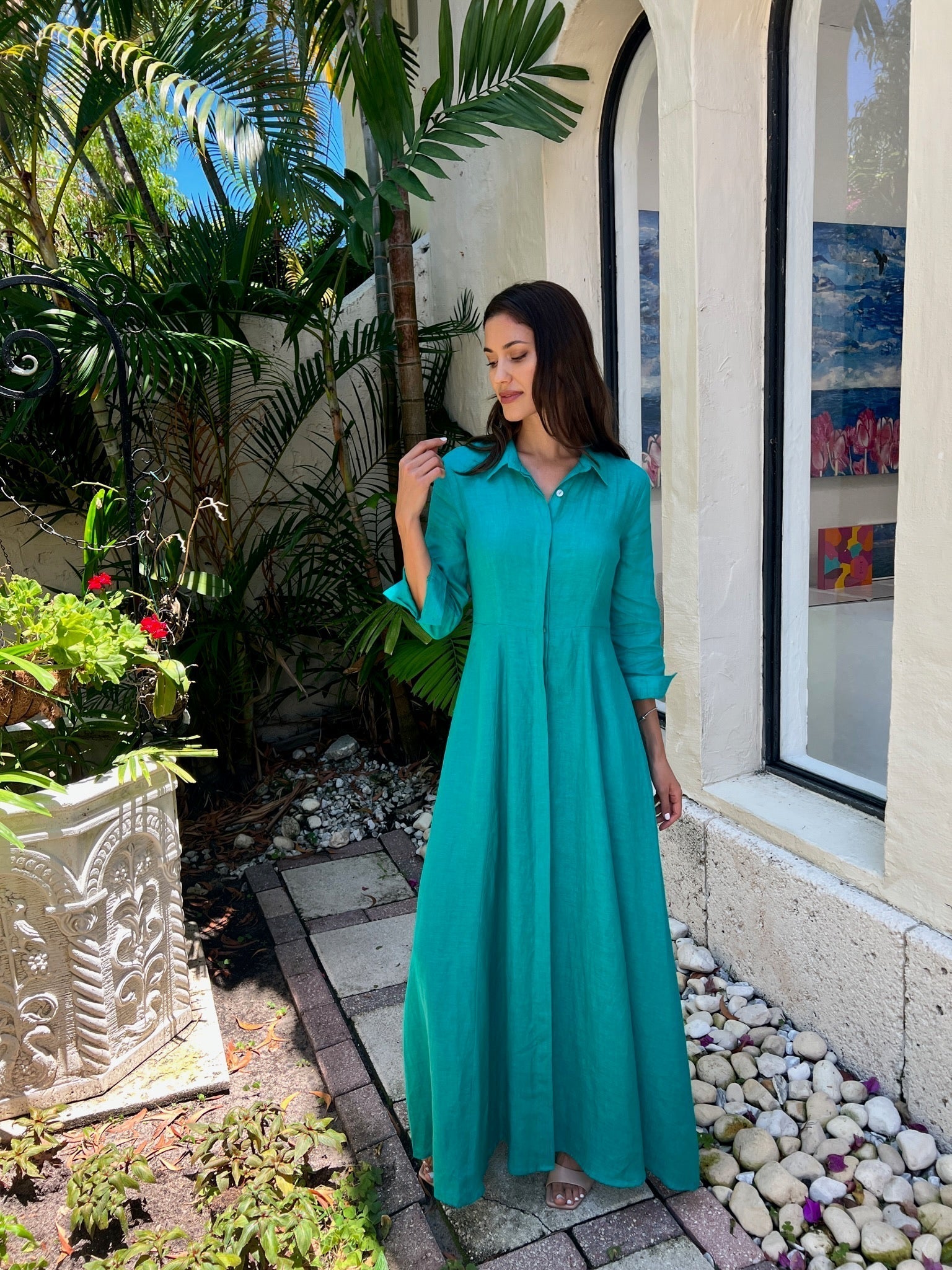Shirt Dress Long Linen Solid